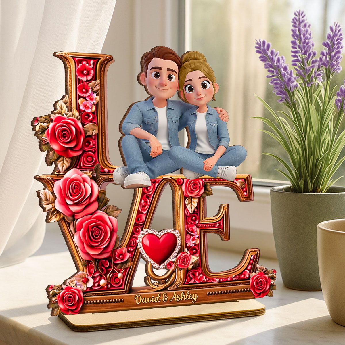 Couple Heart Rose Love - Personalized 2-Layered Wooden Plaque - Heartfelt Valentine's Day Gift for Her, for Him