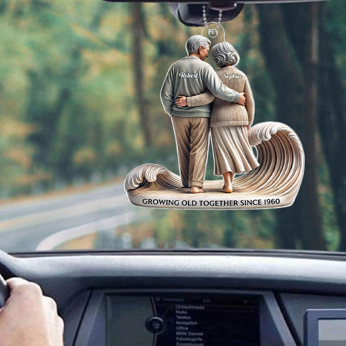 Old Couple Embracing Walking Together On The Beach Personalized Car Hanger Ornament, Heartfelt Gift For Couple, For Him, For Her, Husband, Wife