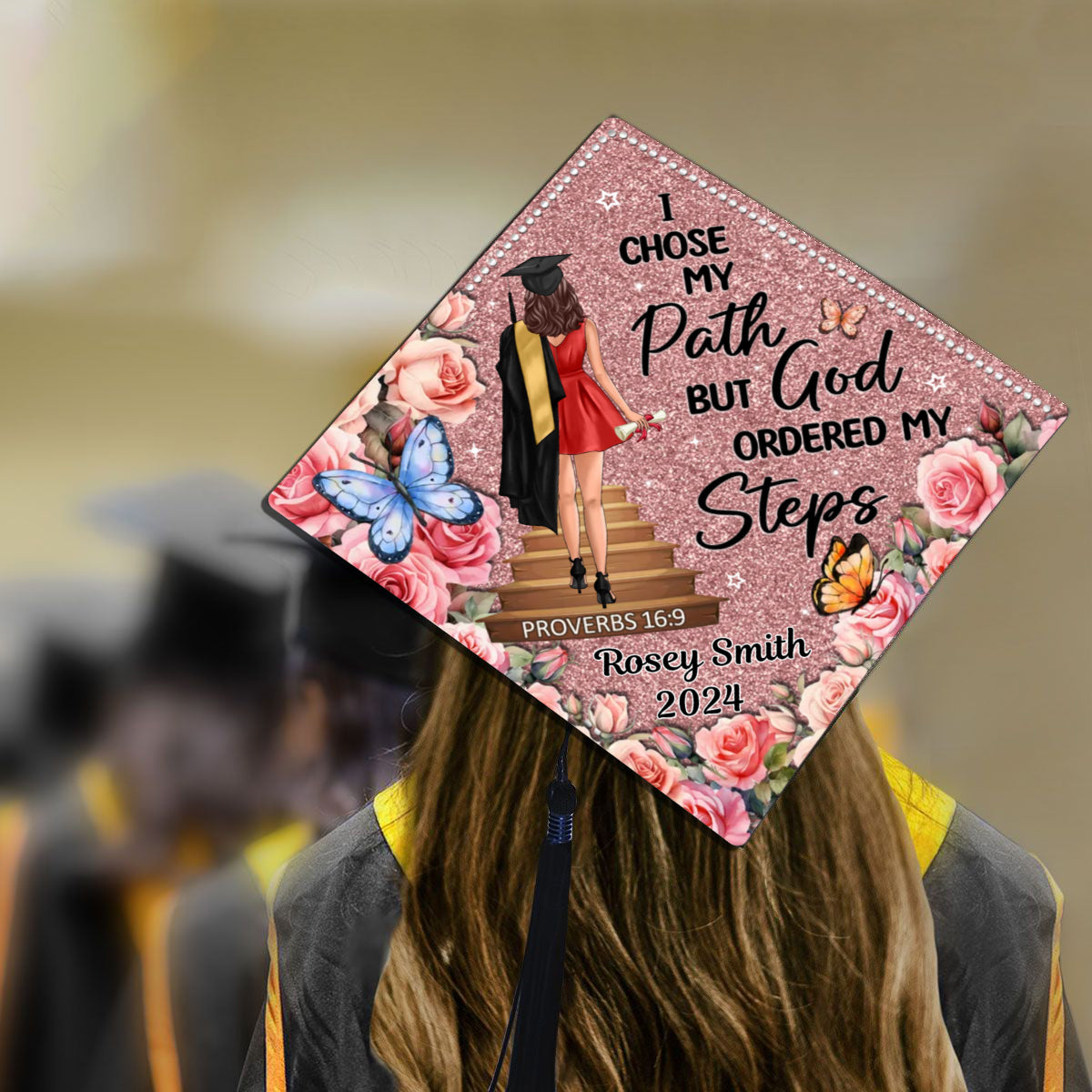 I Chose My Path God Ordered My Steps Personalized Graduation Cap Topper (Not Real Glitter)