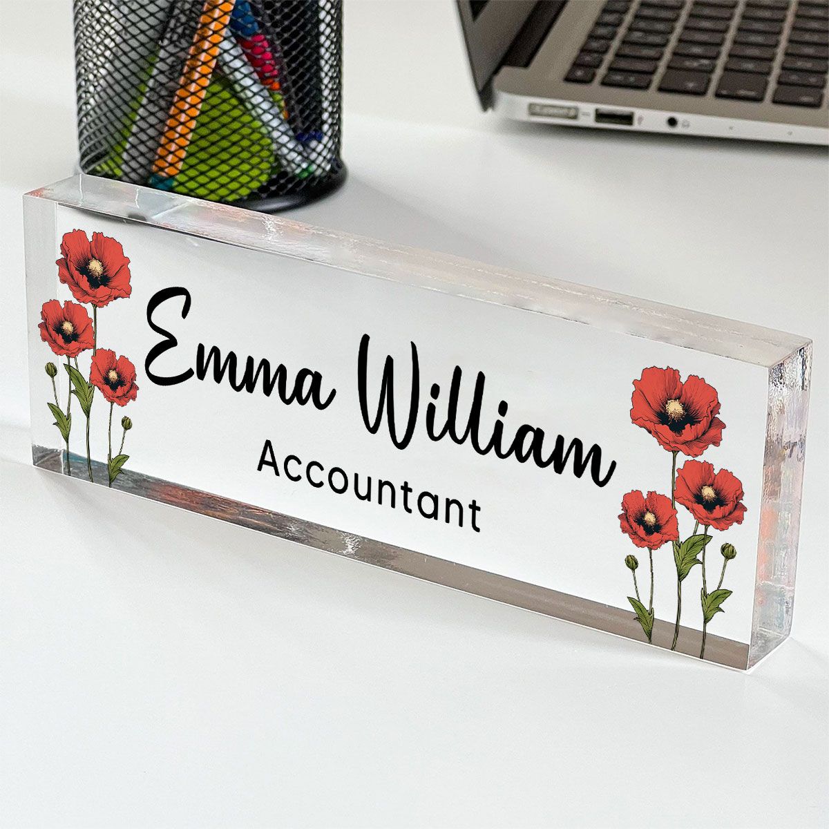 Birth Month Flowers Personalized Acrylic Desk Name Plate, Office Decor, Gift For Colleagues, Boss