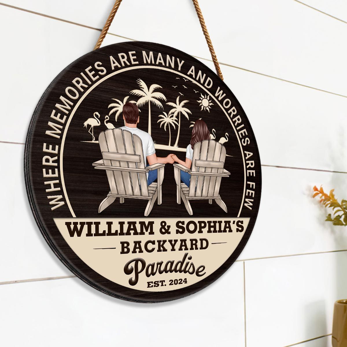 Backyard Paradise Couple Sitting Personalized Wood Sign