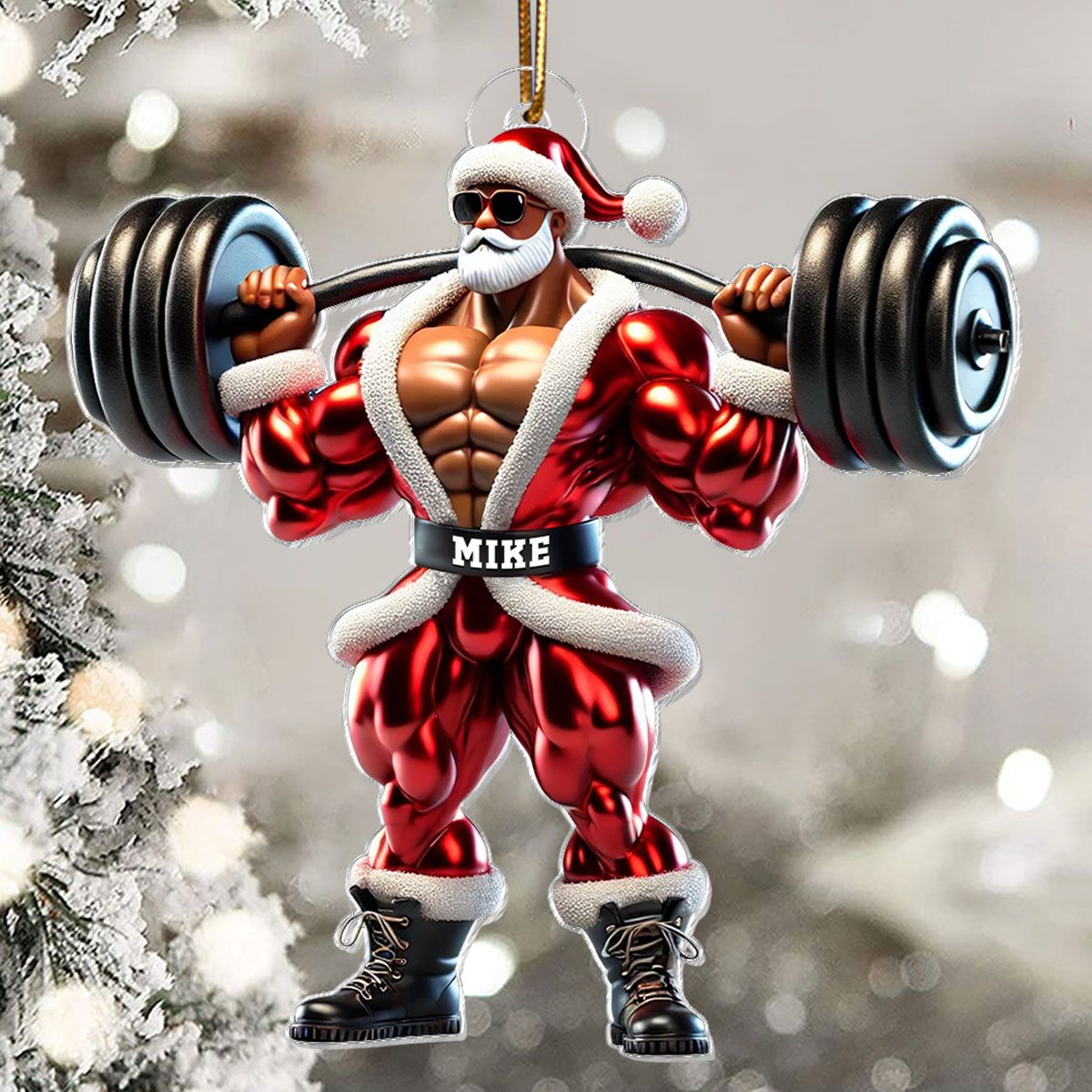 Santa Claus Weightlifting Christmas Personalized Acrylic Ornament, Gym, Bodybuilding, Fitness Christmas Gift