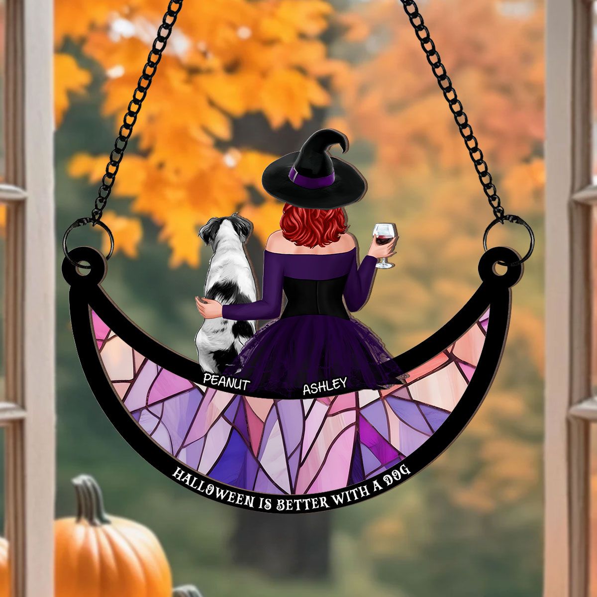 Crazy Dog Witch On Moon Personalized Window Hanger Suncatcher, Halloween Decor