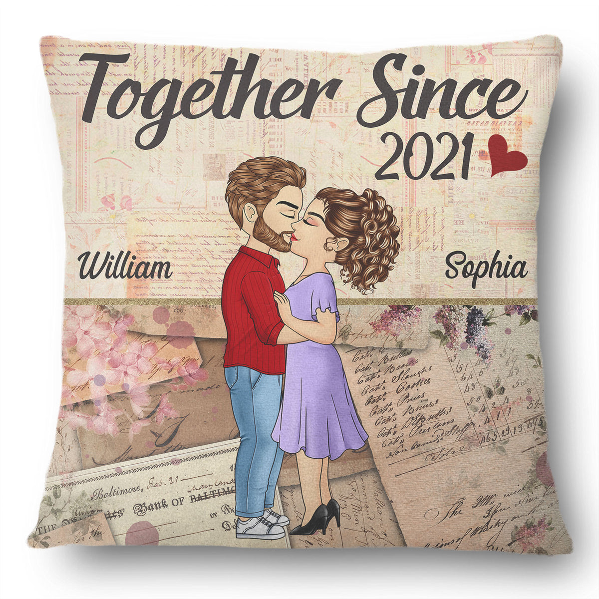 Chibi Kissing Couple Sideview Together Since Husband Wife - Birthday, Loving, Anniversary Gift For Spouse, Hubby, Wifey, Couple, Boyfriend, Girlfriend - Personalized Pillow