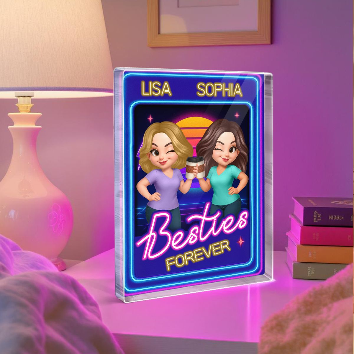 Besties Sisters Retro Rewind Neon Toy Box 3D Effect Personalized Acrylic Block