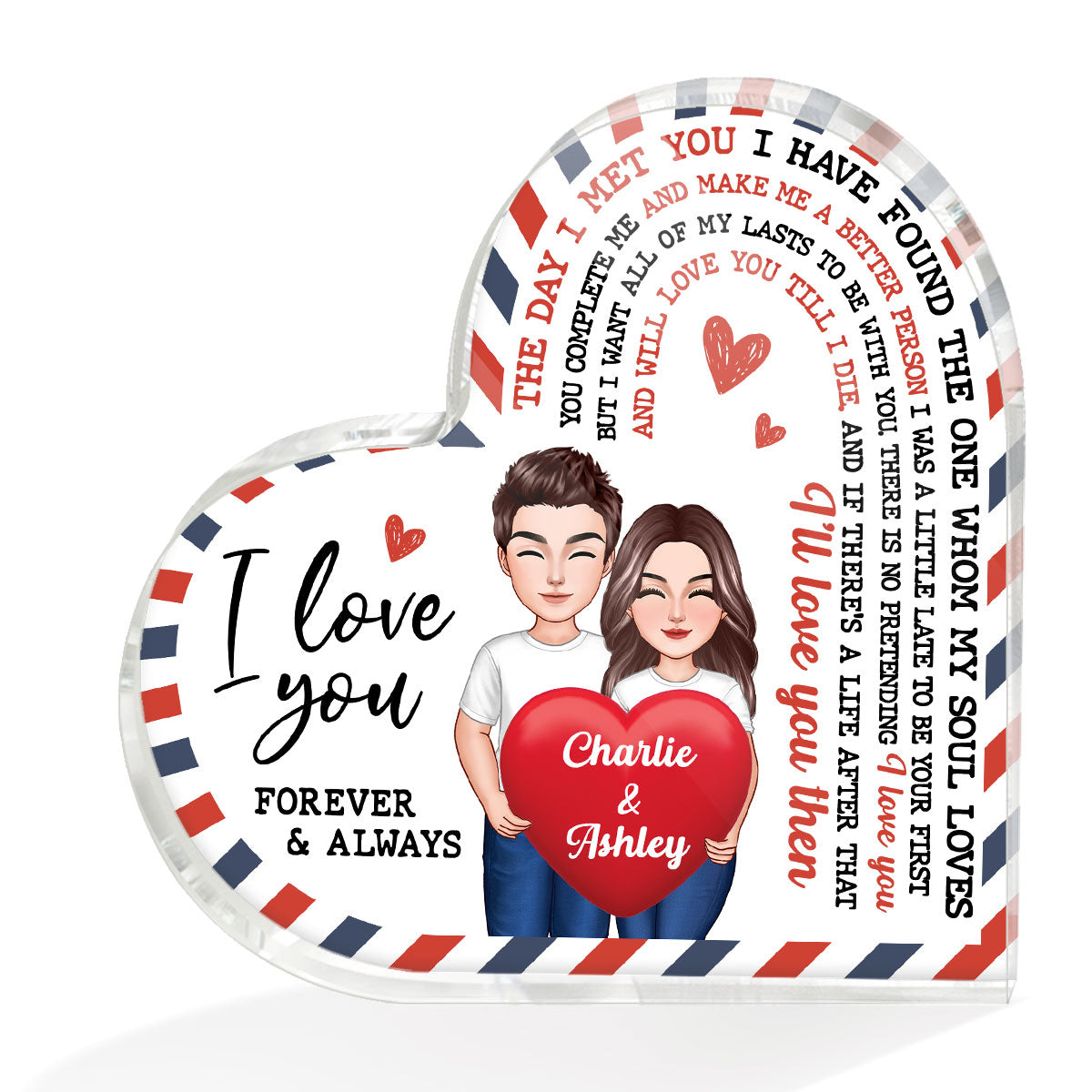 The Day I Met You Couple Holding Heart Envelope Frame Personalized Heart Shape Acrylic Plaque