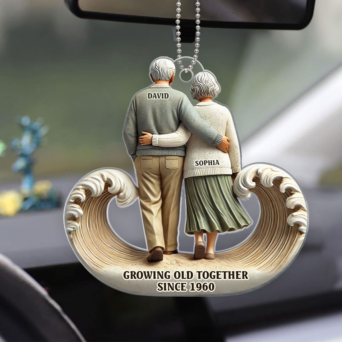 Sea Waves Old Couple Walking Together Personalized Car Hanger Ornament, Heartfelt Gift For Couple, For Him, For Her, Husband, Wife