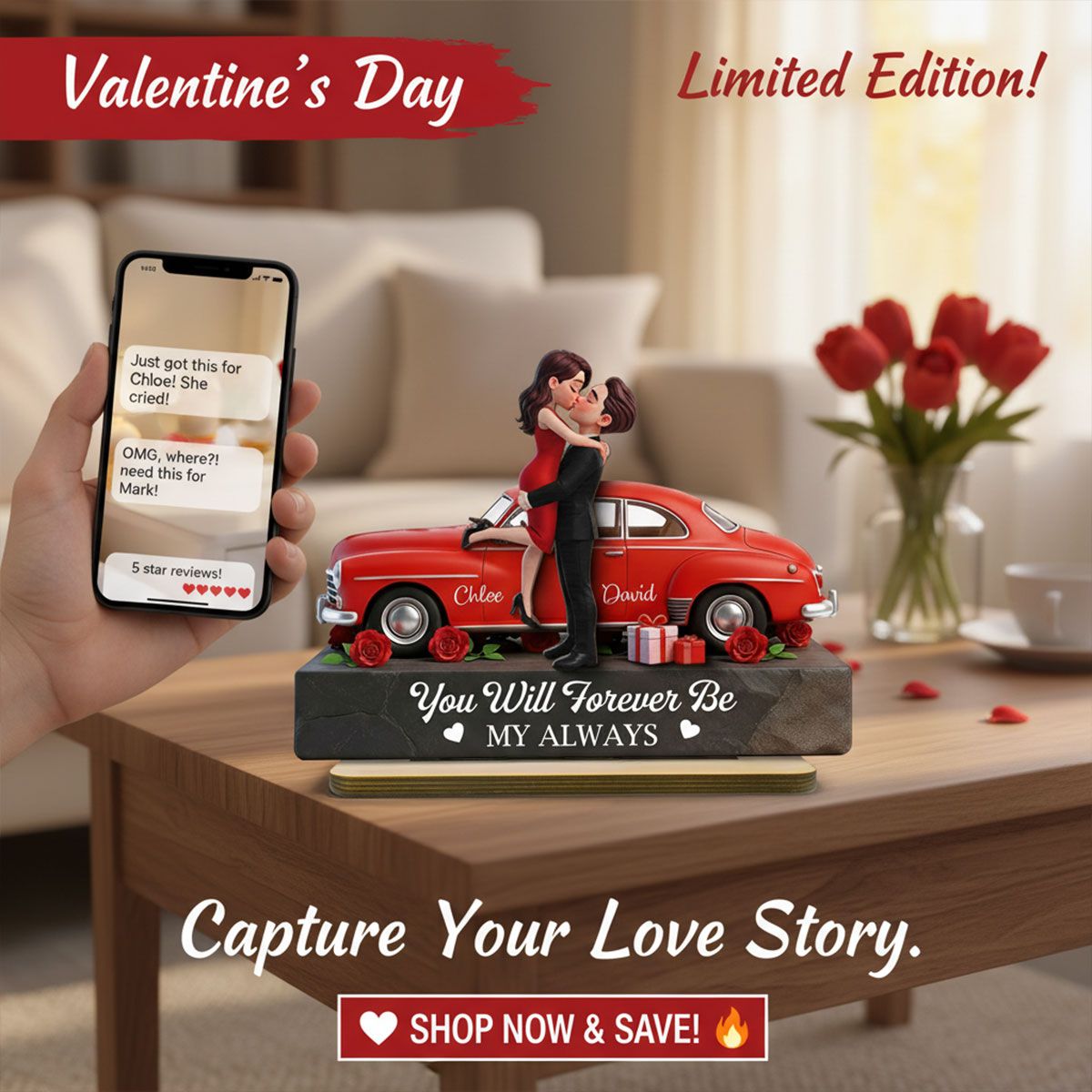 Romantic Couple Hugging Kissing Valentine Car - Personalized 2-Layered Wooden Plaque - Valentine's Day Gift For Couple