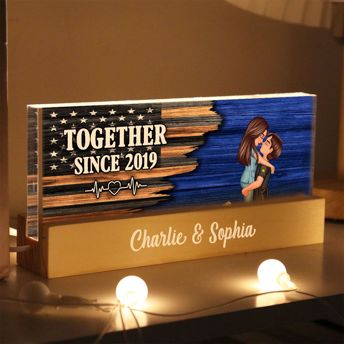 Hero Couple Hugging Kissing Half Flag Valentine's Day Gift by Occupation Personalized Acrylic Block LED Night Light