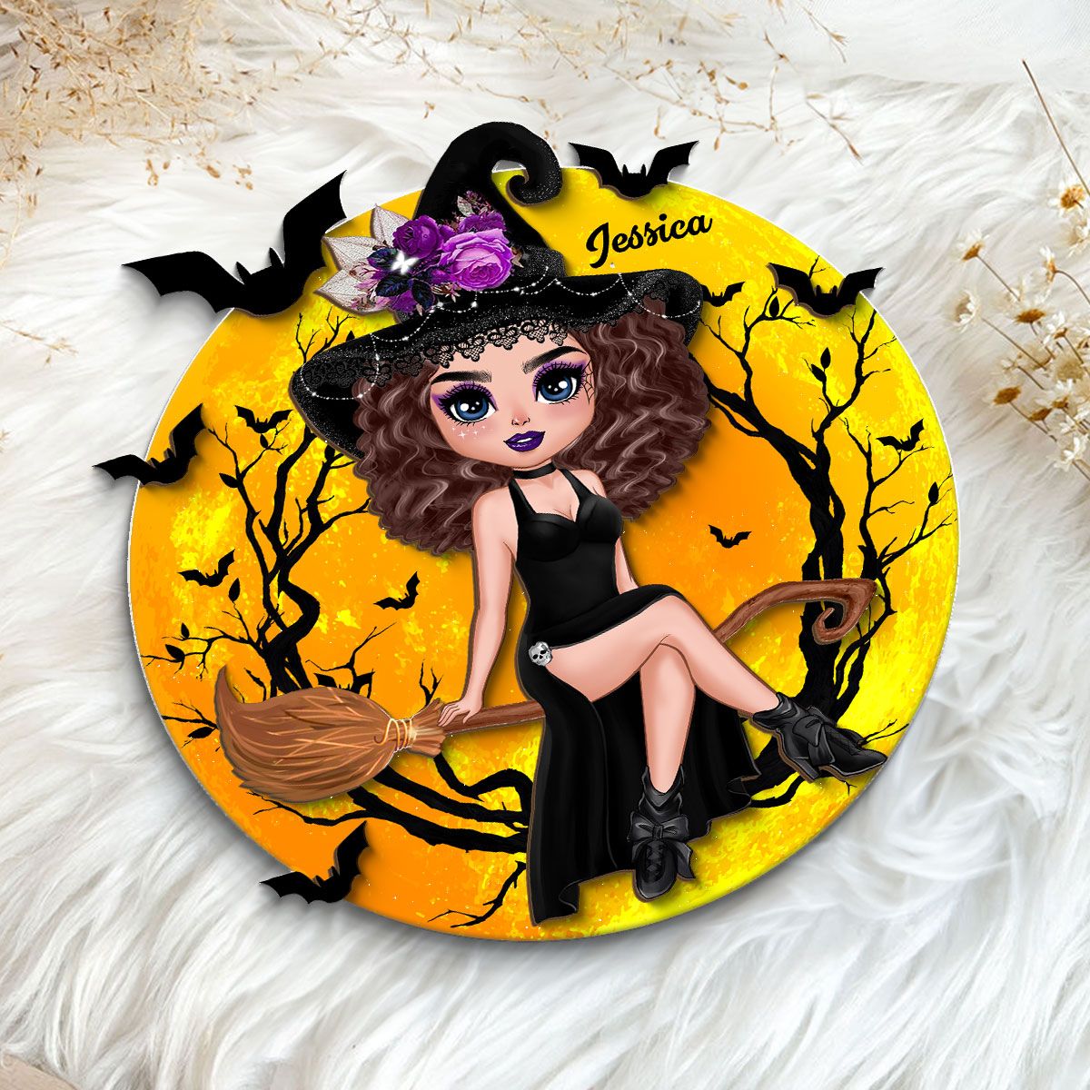 Halloween Sitting On Broom Personalized 2-Layer Wooden Plaque, Halloween Decoration