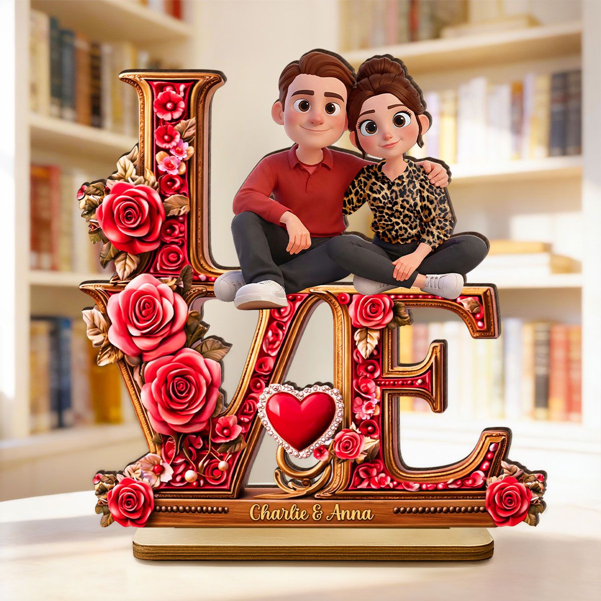 Couple Heart Rose Love - Personalized 2-Layered Wooden Plaque - Heartfelt Valentine's Day Gift for Her, for Him