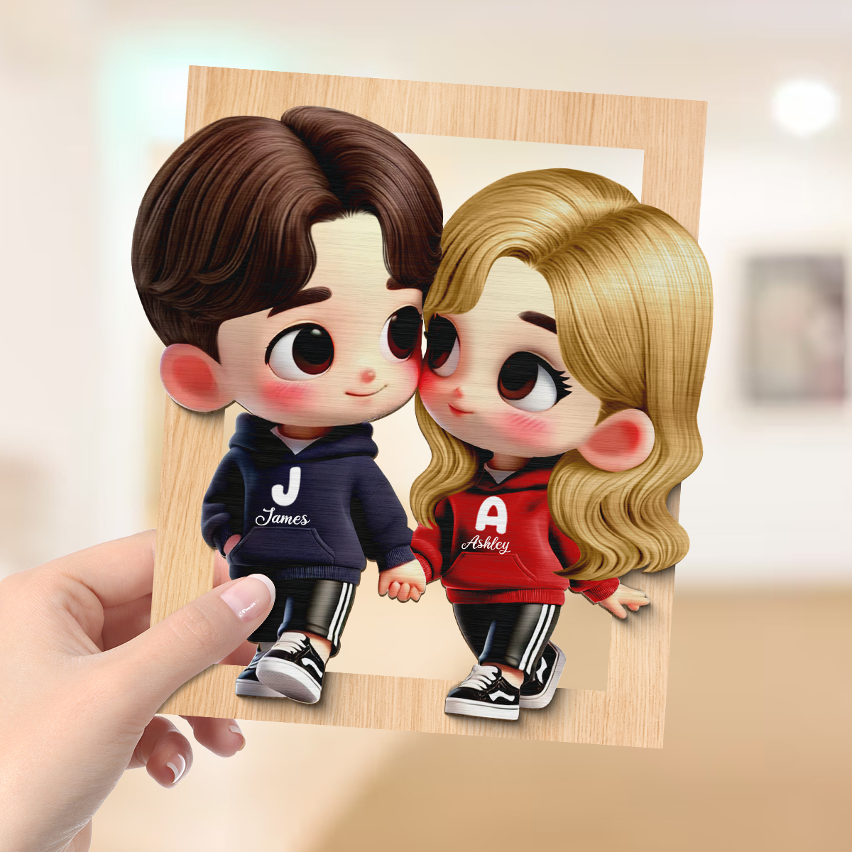 Cute Cartoon Couple Holding Hands Personalized 2-Layered Wooden Plaque, Anniversary & Valentine's Day Gift for him, Gift for her