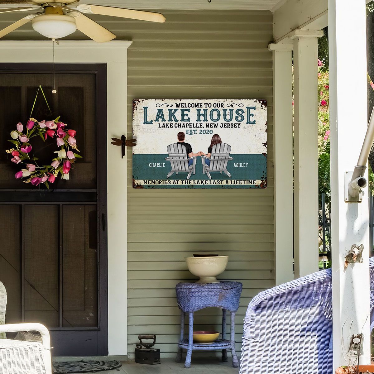 Welcome To Our Lake House Back View Couple Personalized Metal Sign