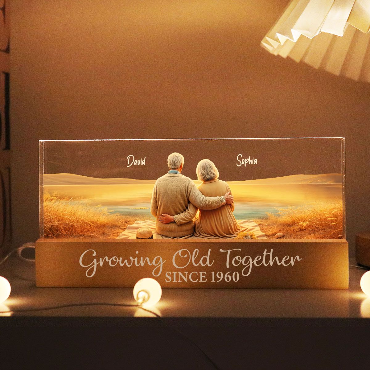 Growing Old Together Personalized Acrylic Block LED Night Light, Anniversary Birthday Gift For Husband, Wife, Old Couple, Parents