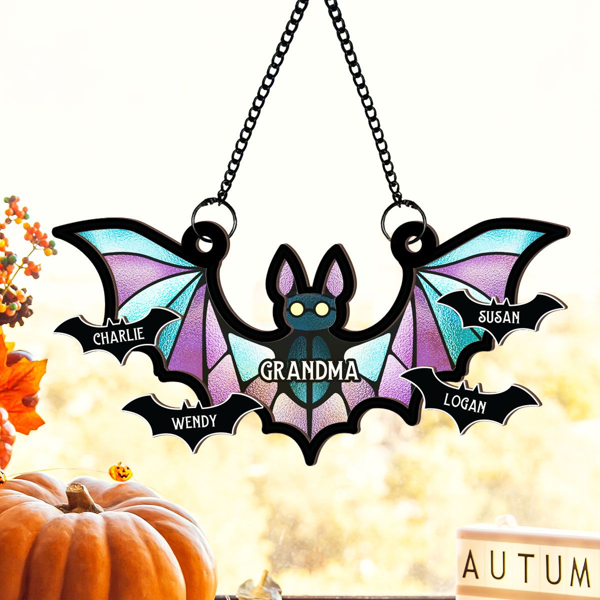 Grandma Spooky Bat Personalized Window Hanging Suncatcher Ornament, Halloween Decor