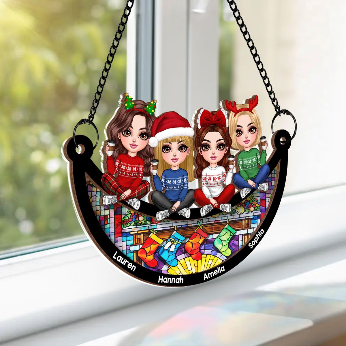 Christmas Besties Sisters Faux Stained Glass Personalized Suncatcher Ornament