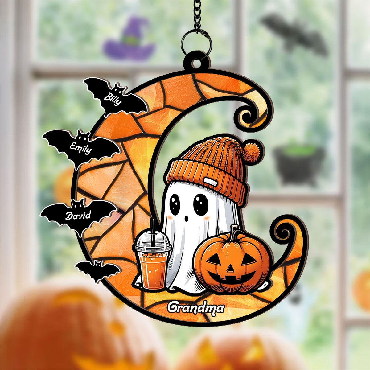 Halloween Grandma Boo & Bats Kids On Moon Personalized Suncatcher, Gift For Grandma