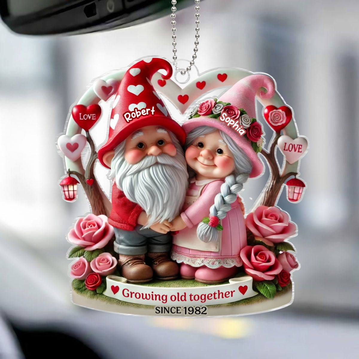 Gnome 3D Effect Old Couple Valentine's Day Gift for him, Gift for her, Personalized Acrylic Car Hanger