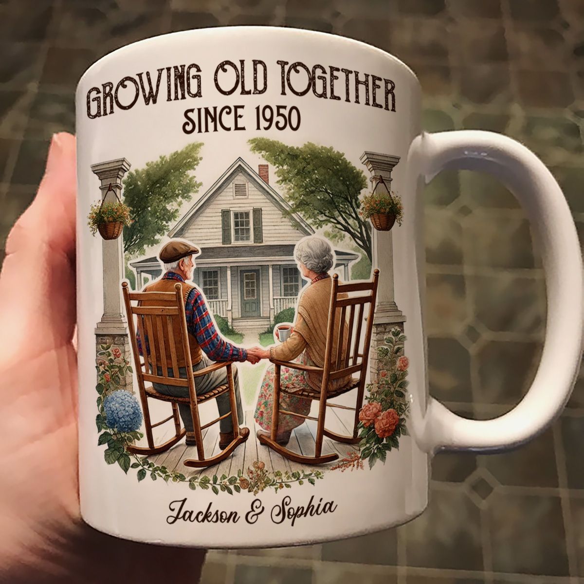 Couple Sitting On The Porch Growing Old Together Since Personalized Mug, Heartfelt Valentine's Day Gift For Couple, For Him, For Her, Husband, Wife