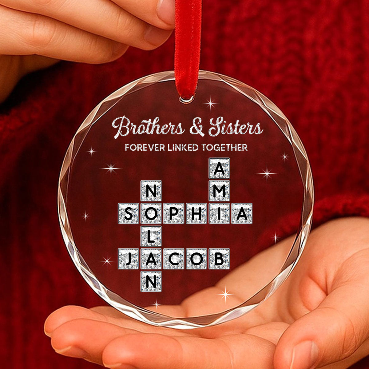 3D Shining Effect Brothers Sisters Crossword Puzzle Art - Personalized Glass Ornament - Christmas Gift For Siblings, Brothers, Sisters
