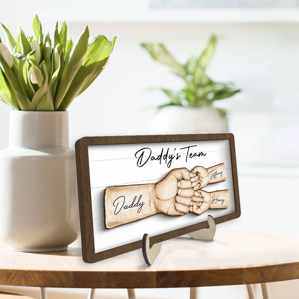 Daddy's Team Fist Bump Personalized 2-Layer Wooden Plaque