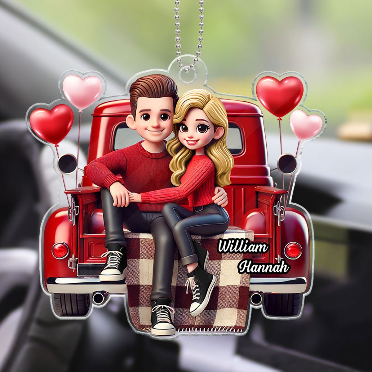 Couple Sitting On Red Truck Personalized Acrylic Car Hanger, Valentine's Day Gift, Anniversary Gift For Couples