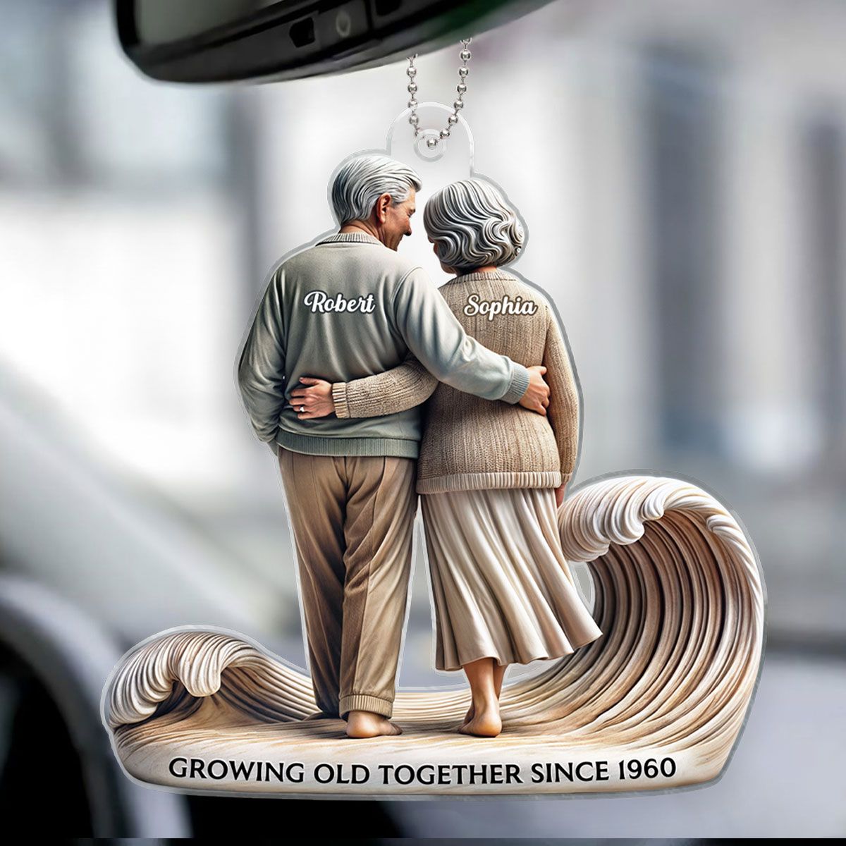 Old Couple Embracing Walking Together On The Beach Personalized Car Hanger Ornament, Heartfelt Gift For Couple, For Him, For Her, Husband, Wife