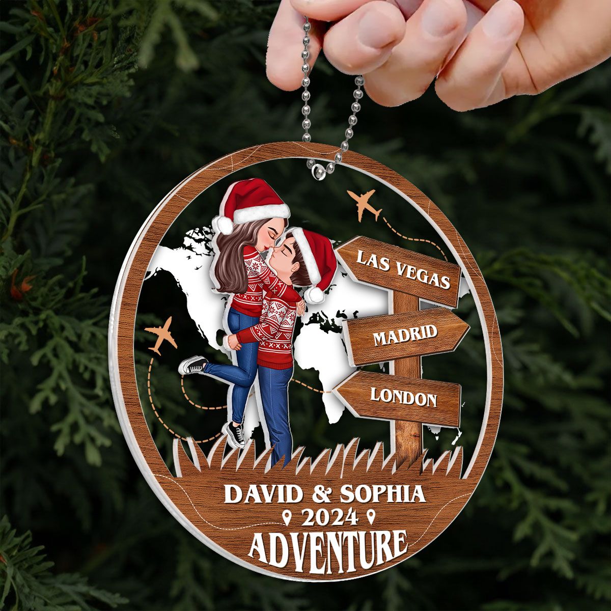 Adventure Kissing Couple Personalized Suncatcher Ornament, Christmas Gift For Couple, Gift For Travelers