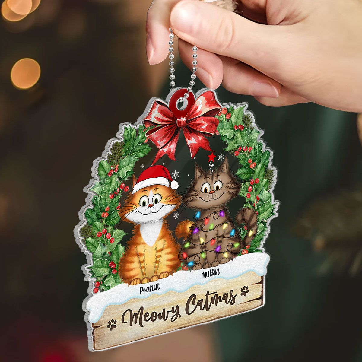 Christmas Wreath Quirky Christmas Cat Whimsical Funny Silly Cats Personalized Acrylic Ornament