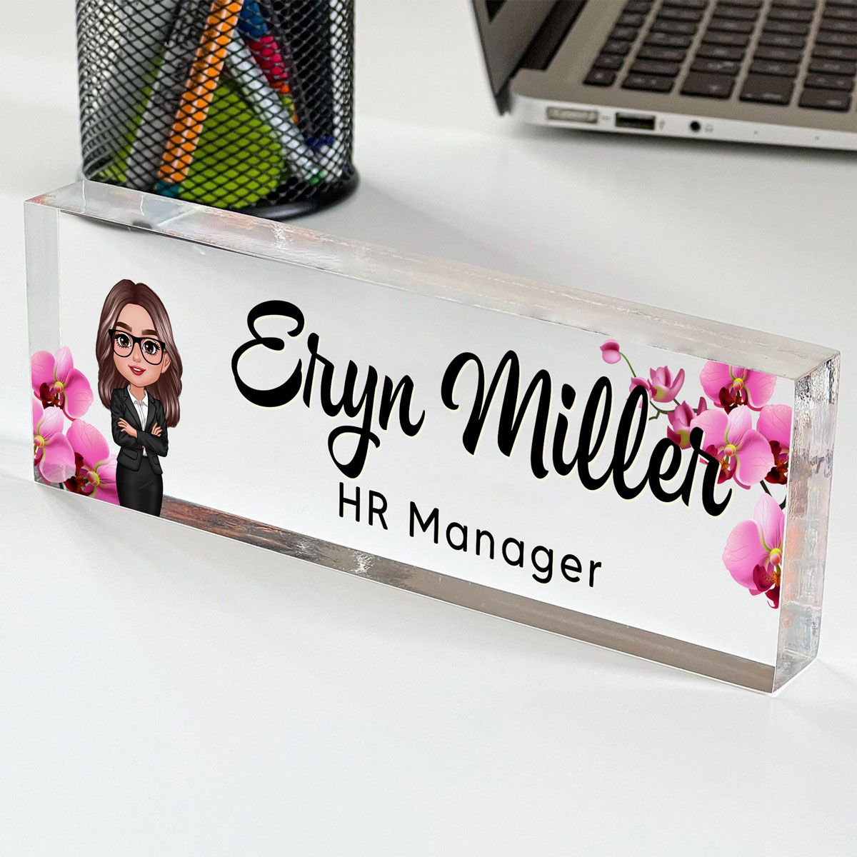 Daisy Flowers Woman Office Personalized Acrylic Desk Name Plate, Office Desk Decor, Gift For Colleagues, Coworkers, Boss, Nurses, Doctors, Healthcare Workers, Police, Firefighters