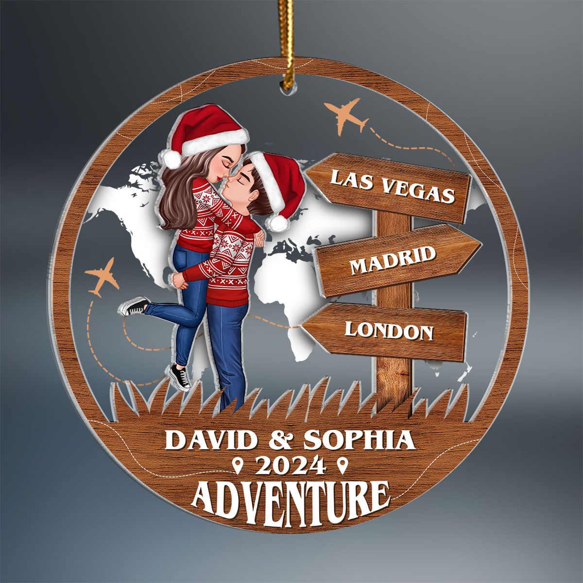 Adventure Kissing Couple Personalized Suncatcher Ornament, Christmas Gift For Couple, Gift For Travelers