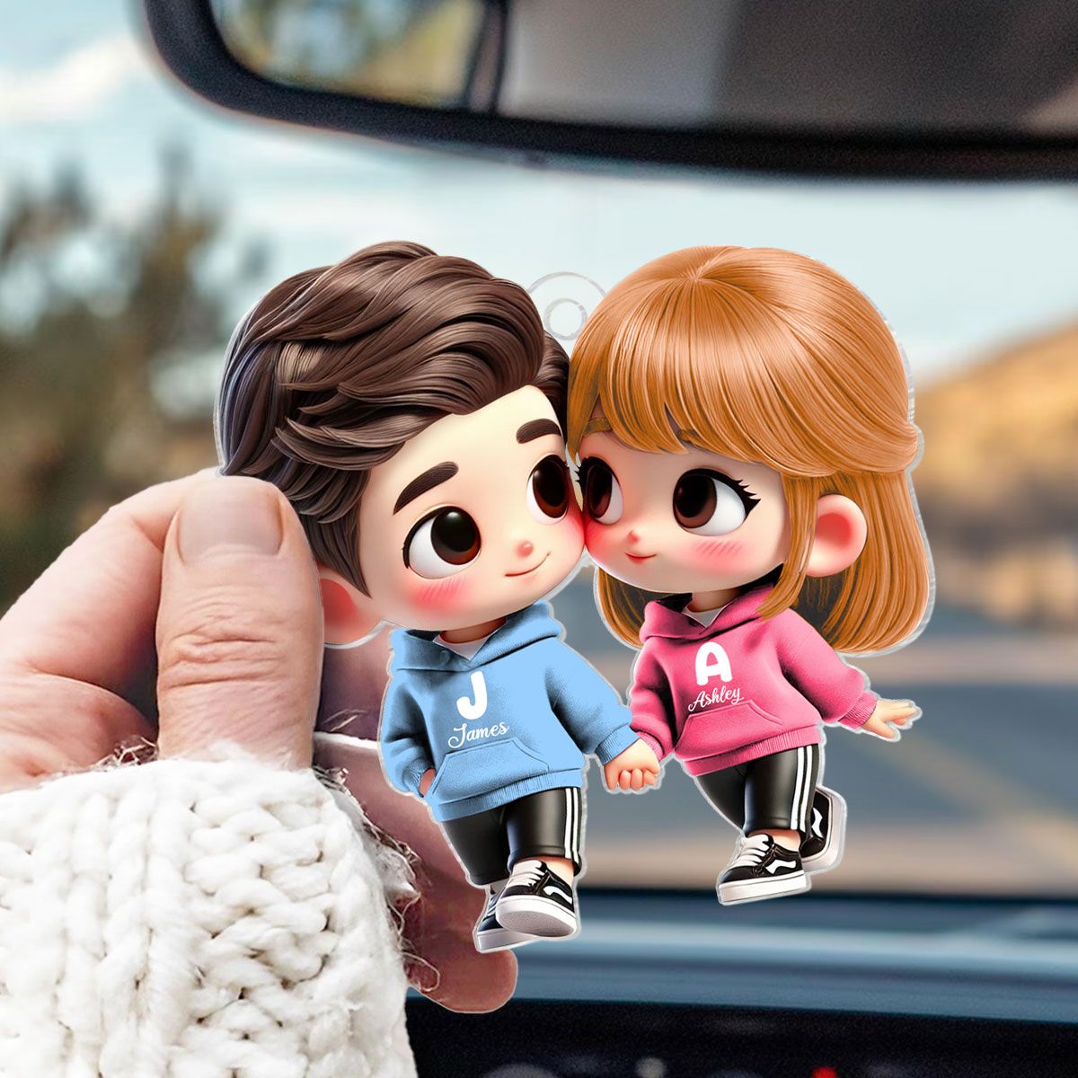 Cute Cartoon Couple Holding Hands Personalized Acrylic Car Hanger, Anniversary & Valentine's Day Gift for him, Gift for her