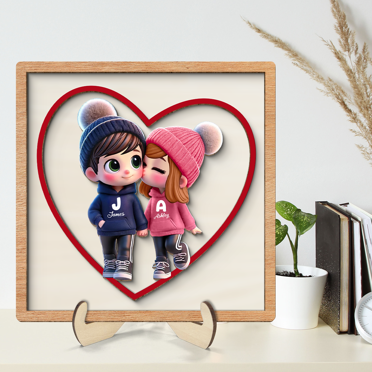 Personalized Initials Heart Sign Personalized 2-Layered Wooden Plaque, Cute Cartoon Couple Walking, Tiered Tray Valentines Signs or Shelf Signs