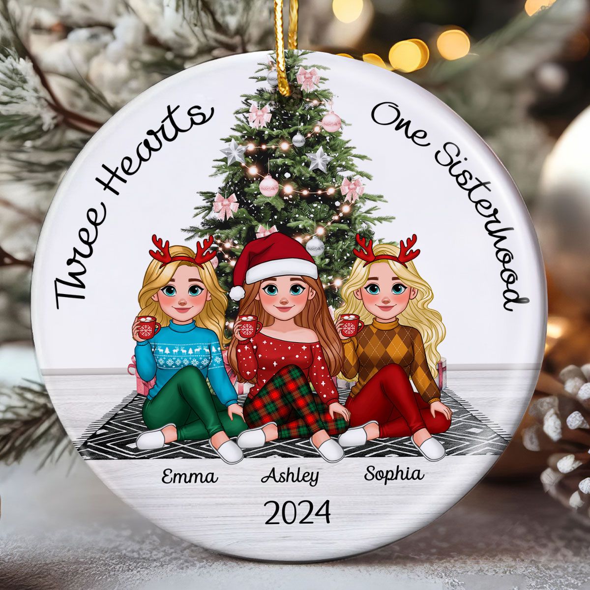 Sisterhood Animated Besties Christmas Personalized Ceramic Ornament