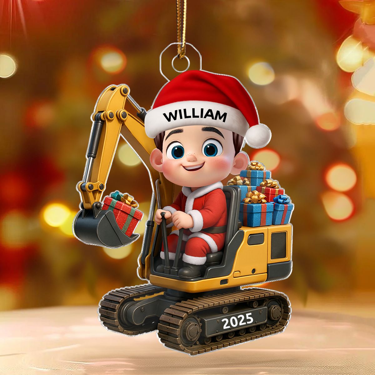 3D Effect Cute Cartoon Kid With Christmas Excavator Personalized Acrylic Ornament, Christmas Gift For Grandkids, Kids