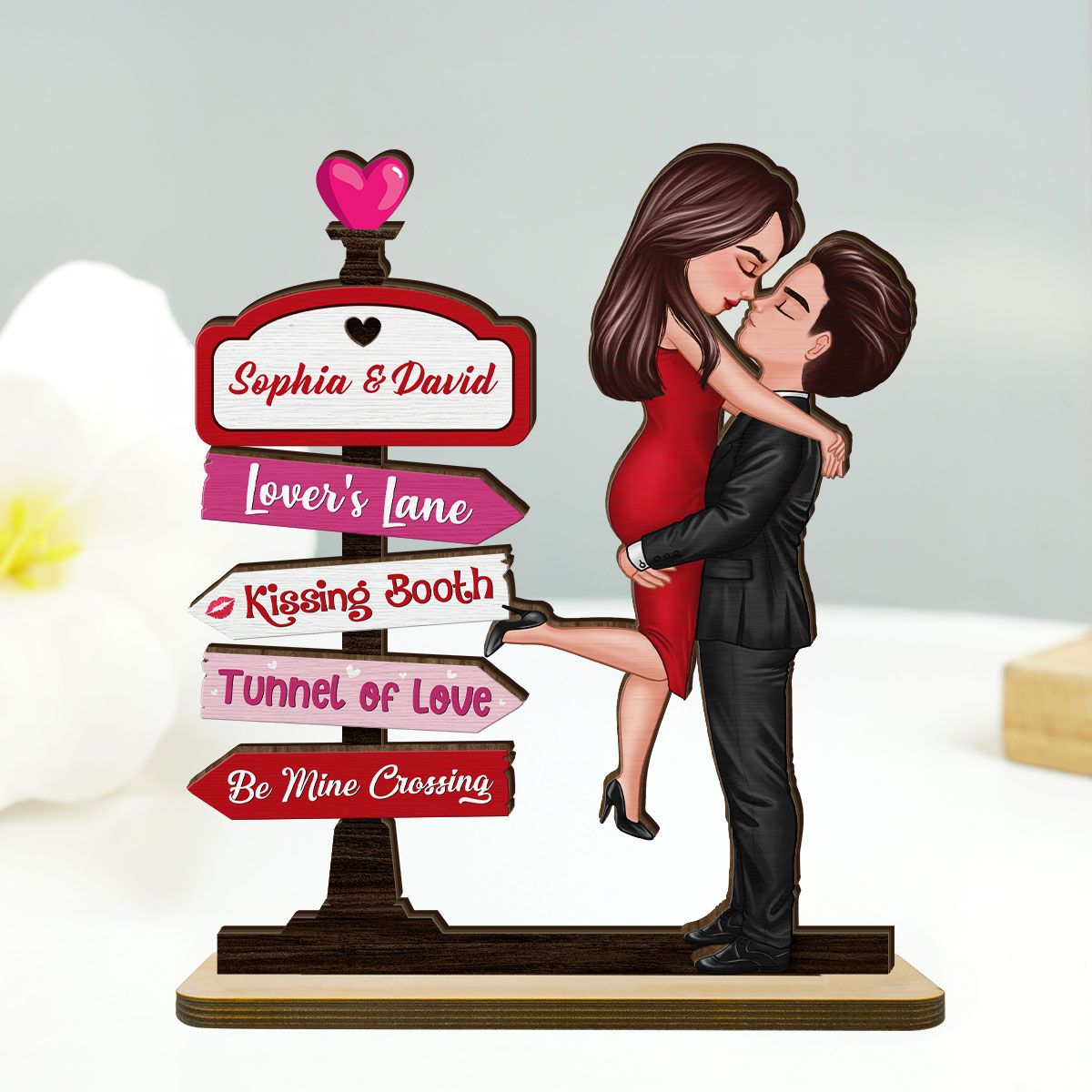 Couple Hugging Kissing Directional Sign Valentine's Day Home Decor Personalized 2-Layer Standing Wooden Plaque