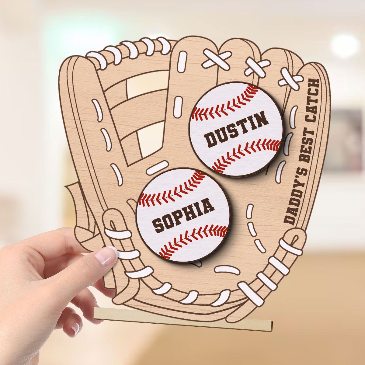 Daddy‘s Best Catch Kids Names In Baseball Glove Personalized 2-Layer Standing Wooden Plaque