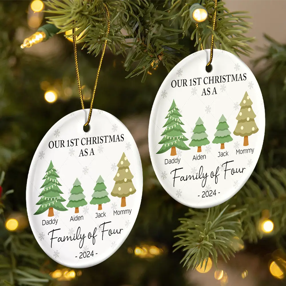 First Christmas As A Family Of Three - Personalized Circle Ceramic Ornament