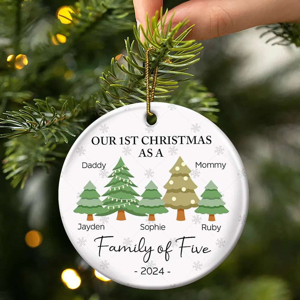 First Christmas As A Family Of Three - Personalized Circle Ceramic Ornament