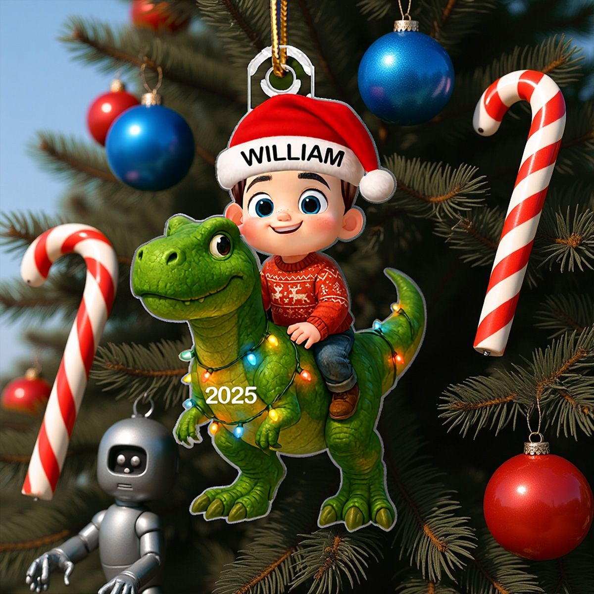 3D Effect Cute Cartoon Kid With Dinosaur Christmas Personalized Acrylic Ornament