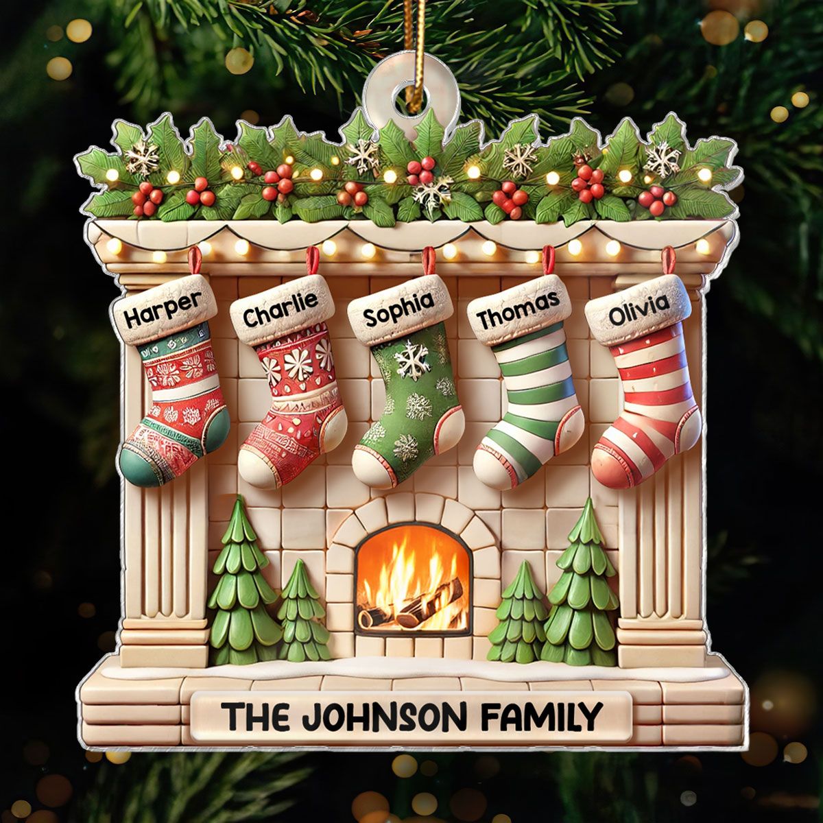 Realistic Family Christmas Stockings On Mantel Effect Personalized Acrylic Ornament