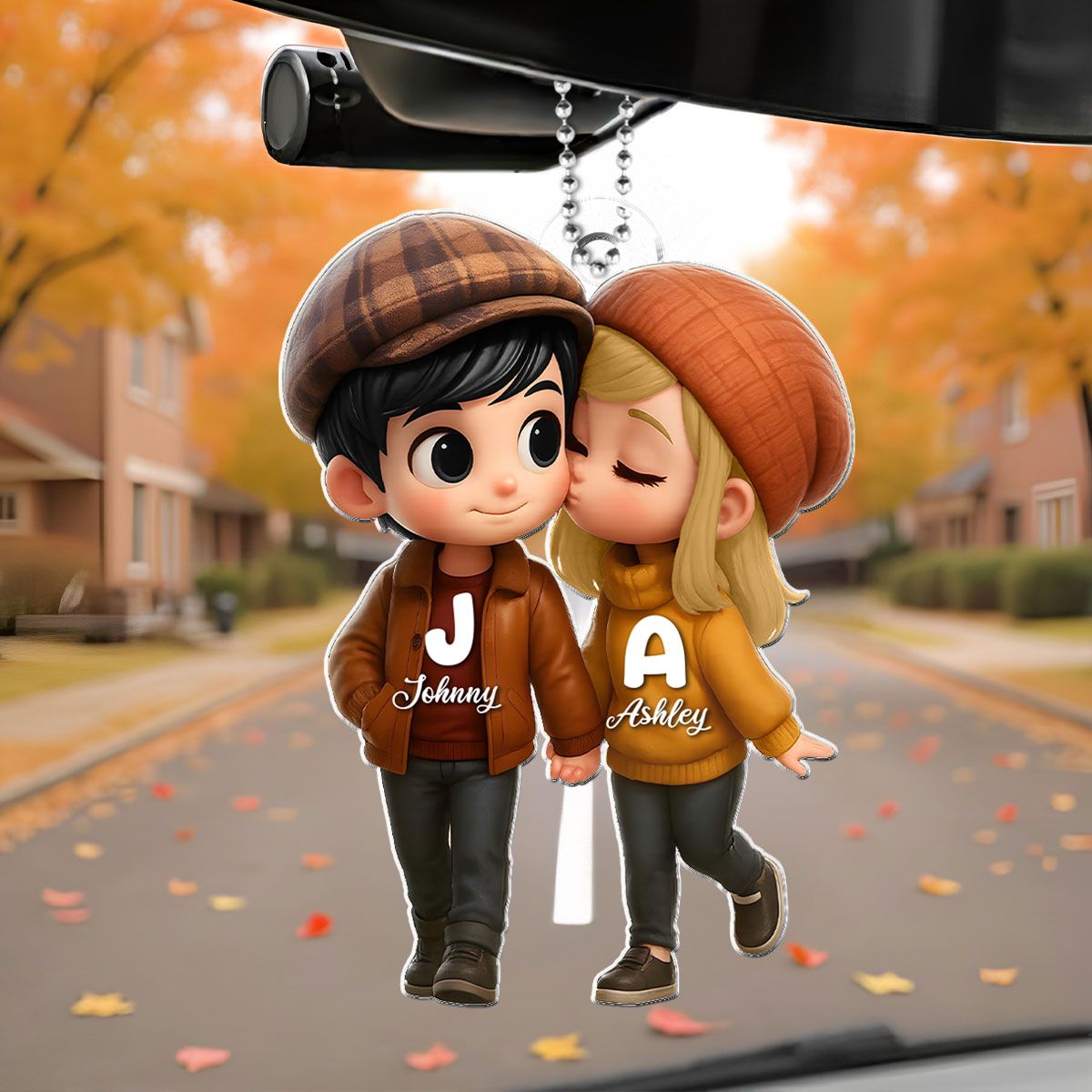 Fall Season 3D Effect Cute Cartoon Couple Walking Personalized Car Ornament, Perfect Gift for him, Gift for her