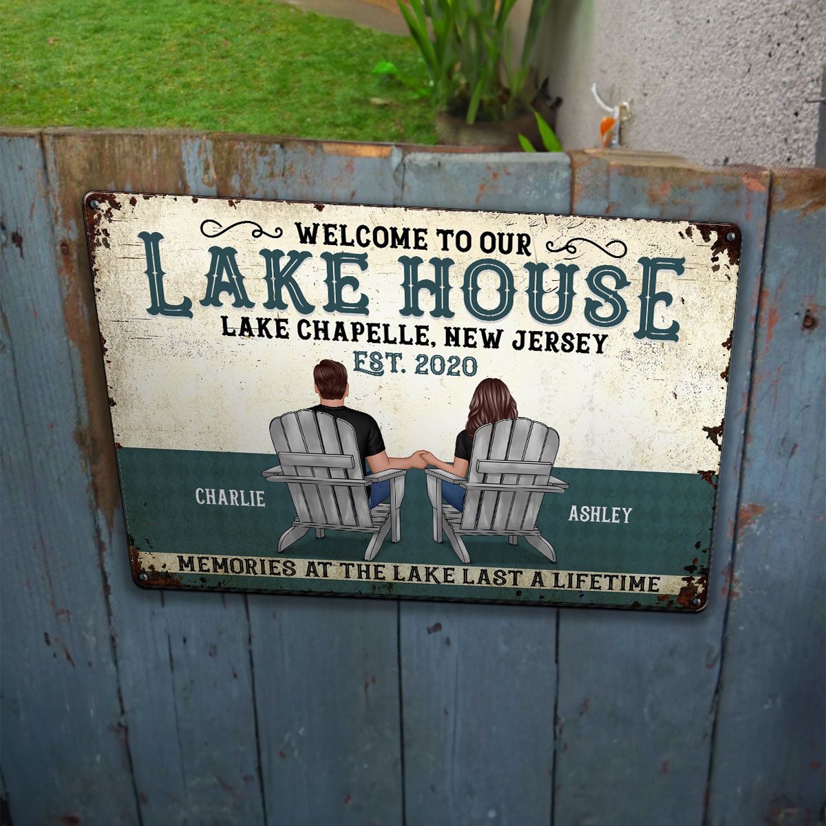 Welcome To Our Lake House Back View Couple Personalized Metal Sign