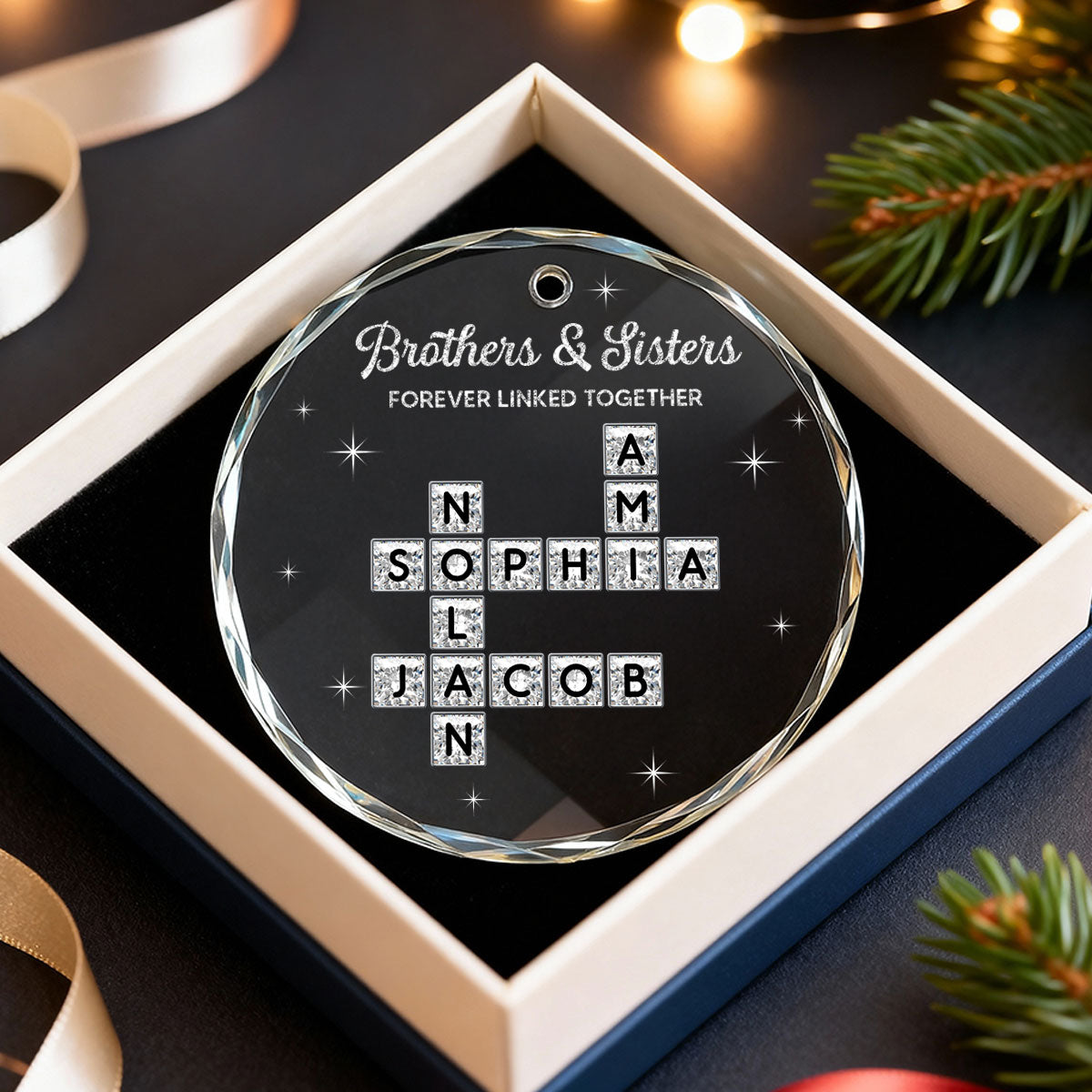 3D Shining Effect Brothers Sisters Crossword Puzzle Art - Personalized Glass Ornament - Christmas Gift For Siblings, Brothers, Sisters
