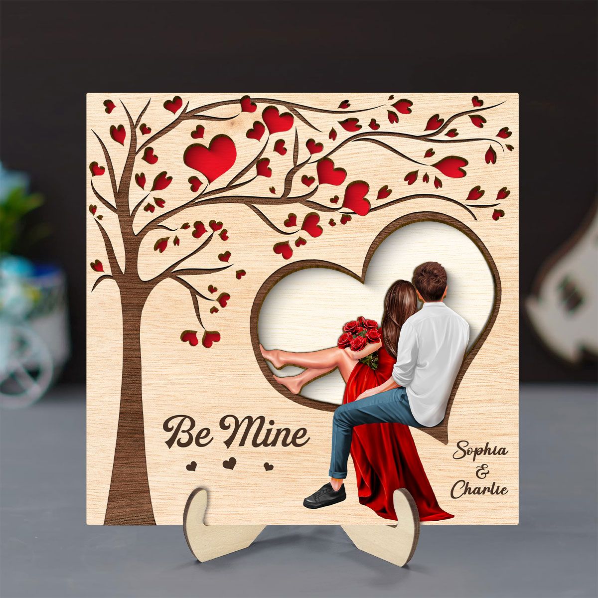 Couple Heart Tree Engraved Personalized 2-Layer Wooden Plaque, Valentine‘s Day Gift, Anniversary Gift For Him, For Her