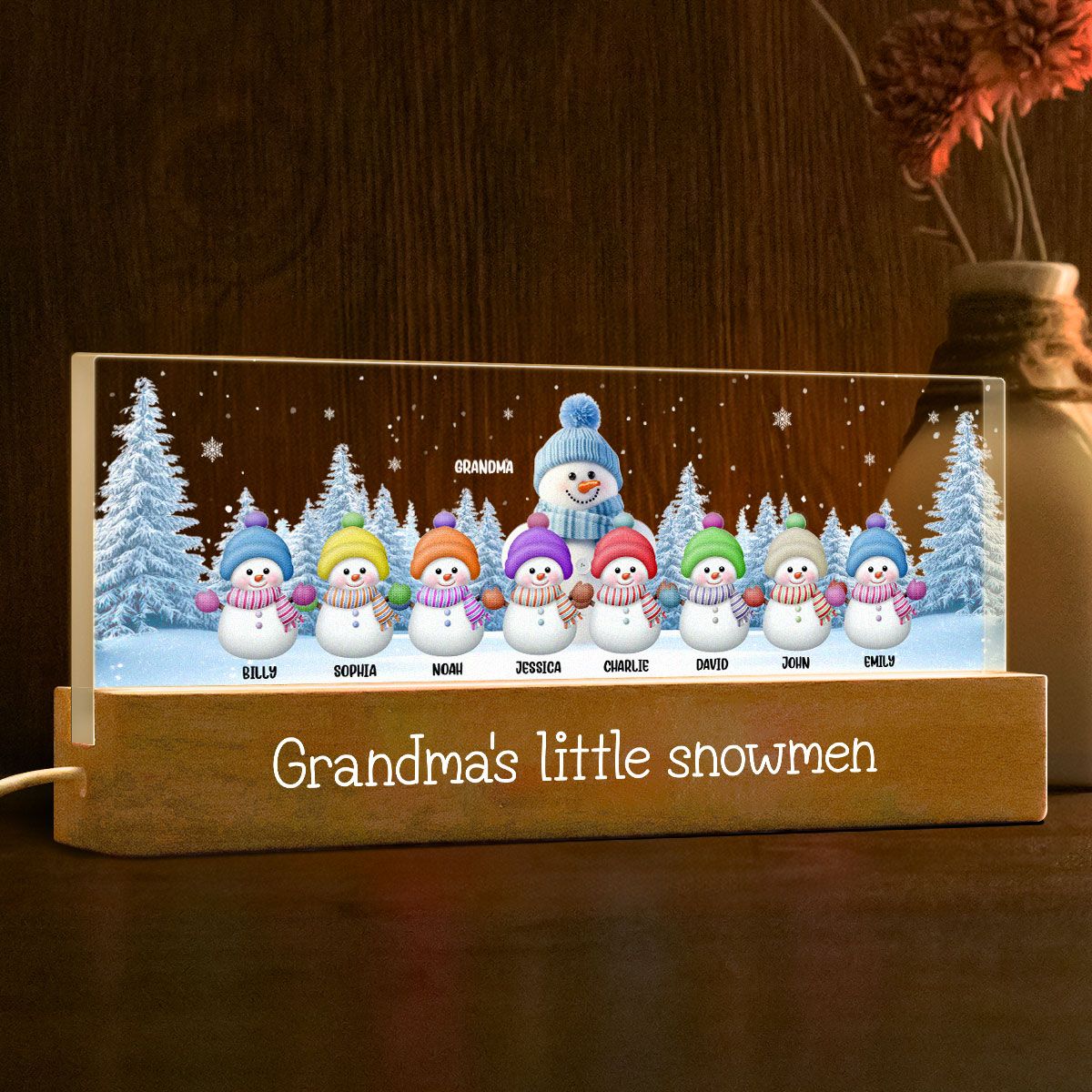 Grandma Grandkids Snowman Personalized Acrylic Block LED Night Light, Christmas Gift for Grandma