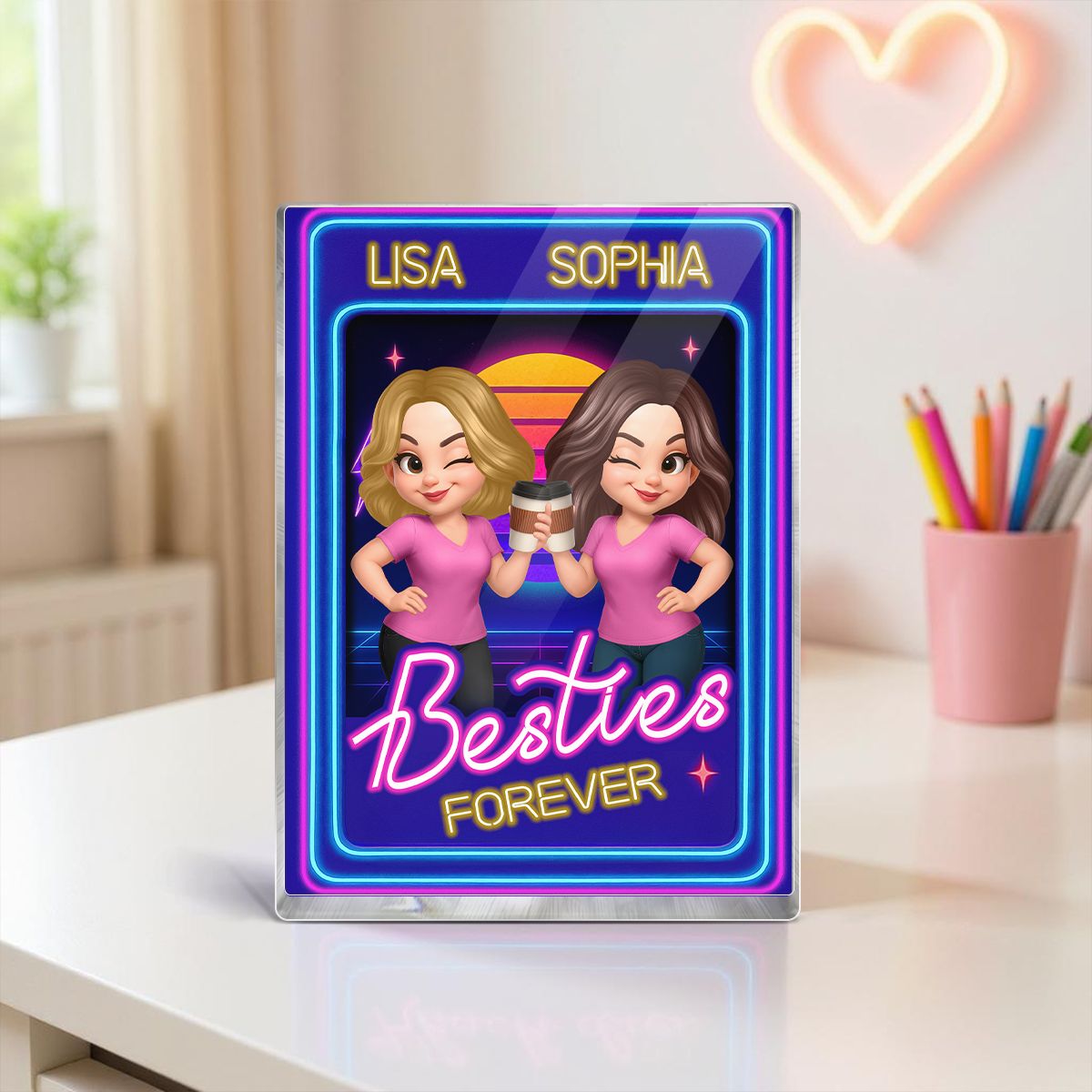 Besties Sisters Retro Rewind Neon Toy Box 3D Effect Personalized Acrylic Block