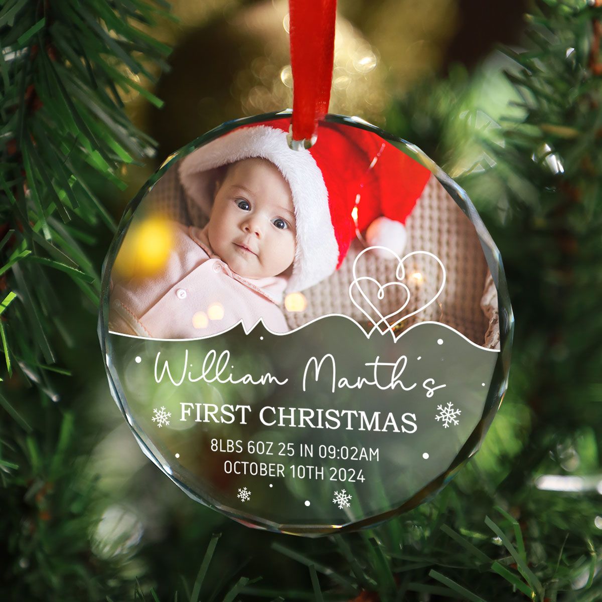 Baby's Frist Christmas Photo Upload Personalized Glass Ornament, Christmas Gift For New Mom New Dad