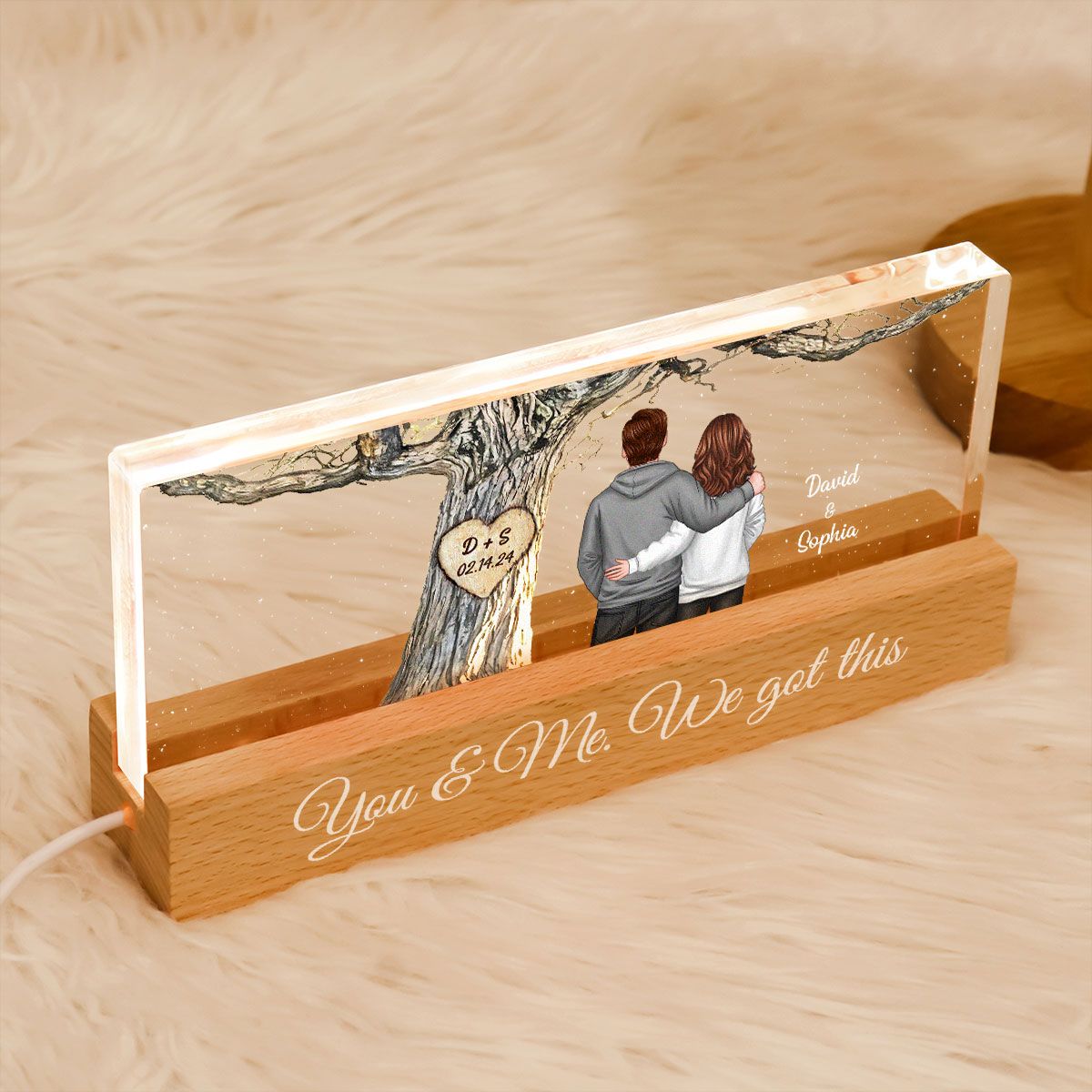 Couple Back View Engraved Tree Personalized Acrylic Block LED Night Light, Valentine's Day Gift, Anniversary Gift for Him for Her