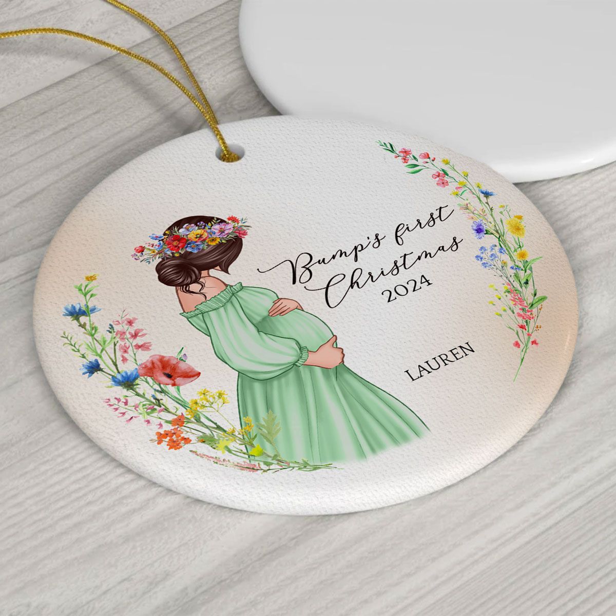 Pregnant Mom Watercolor Wildflowers, Baby Bump's First Christmas, Pregnancy Announcement Personalized Circle Ceramic Ornament